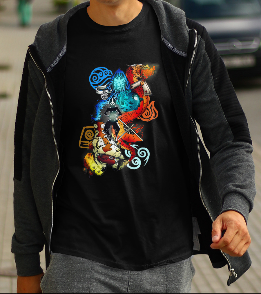 Avatar Bending Elements With Water, Earth, Fire, Air Symbols And Creatures 4828 T-Shirt