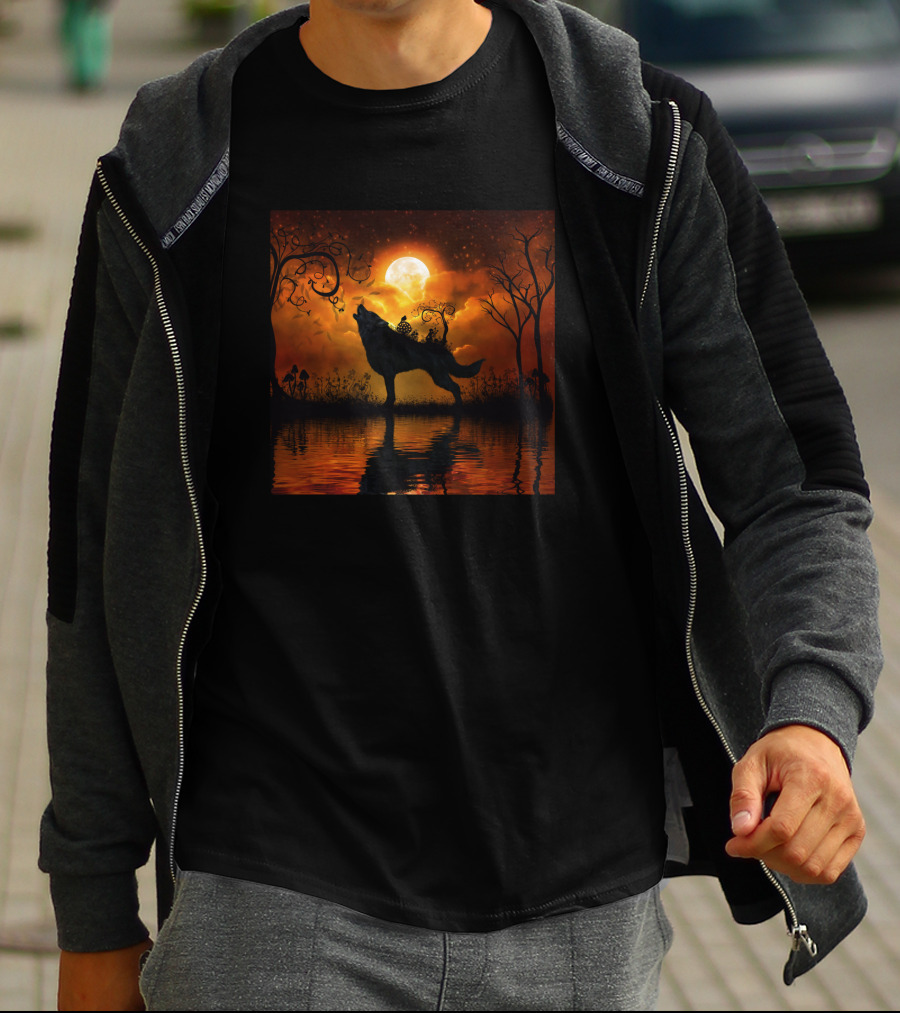 Awesome Wolf Silhouette Under Full Moon Reflection Mystical Forest 1541209 T-Shirt