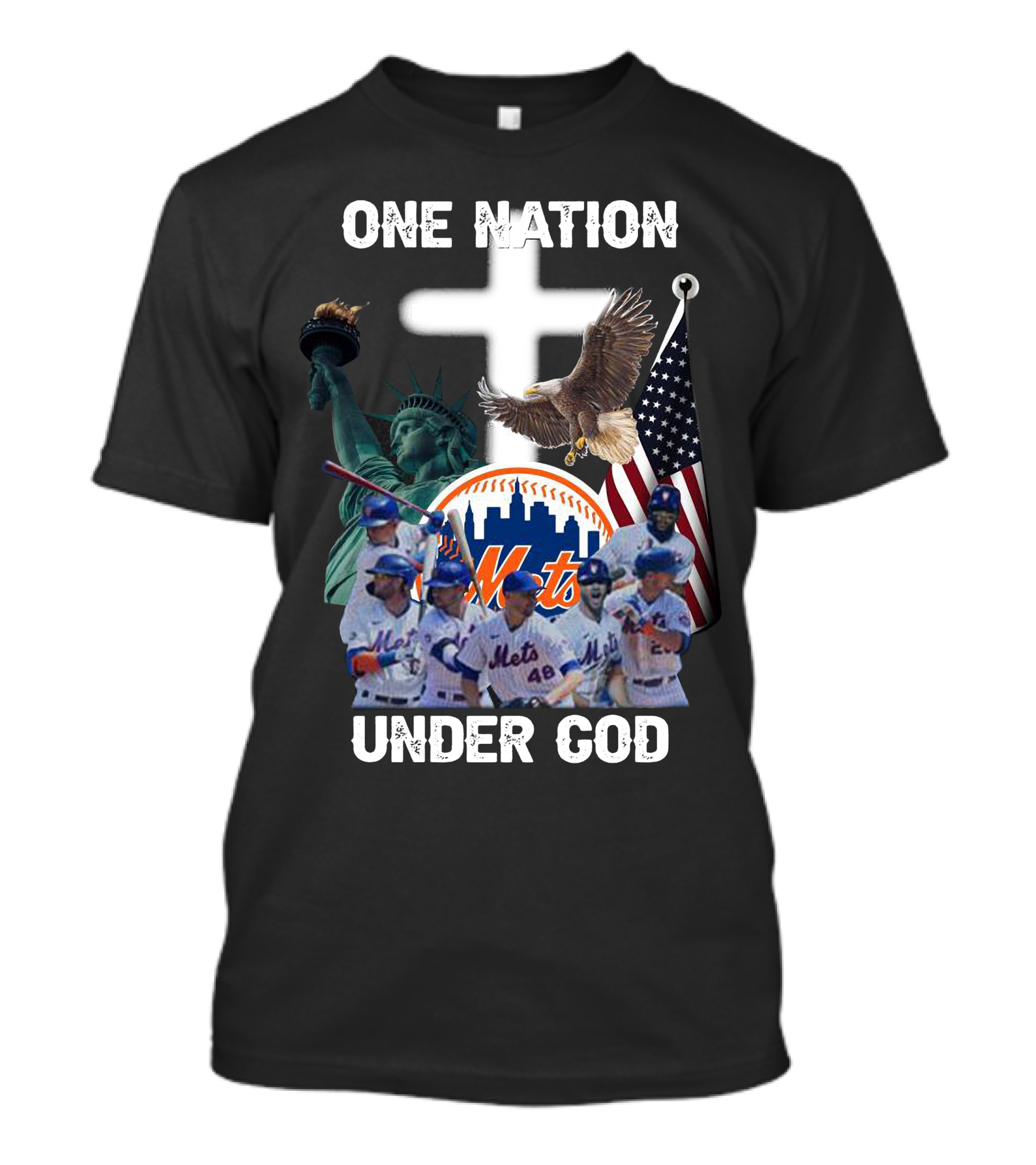 New York Mets One Nation Under God Liberty Eagle Flag Cross Baseball Players T-Shirt