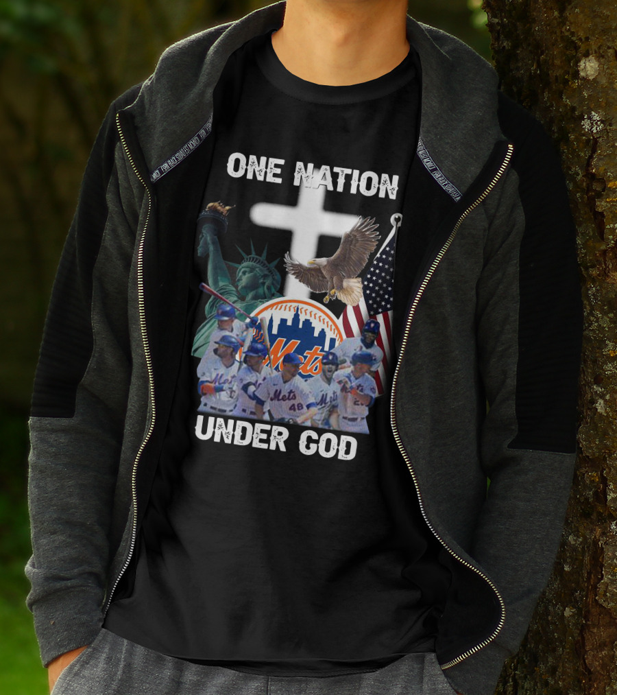 New York Mets One Nation Under God Liberty Eagle Flag Cross Baseball Players T-Shirt