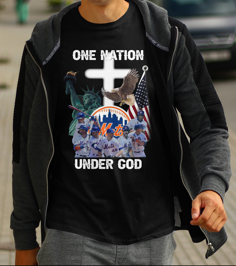 New York Mets One Nation Under God Liberty Eagle Flag Cross Baseball Players T-Shirt