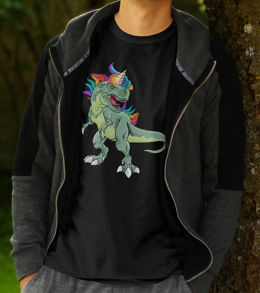 Unicorn Dinosaur Rex With Rainbow Mane And Horn T-Shirt