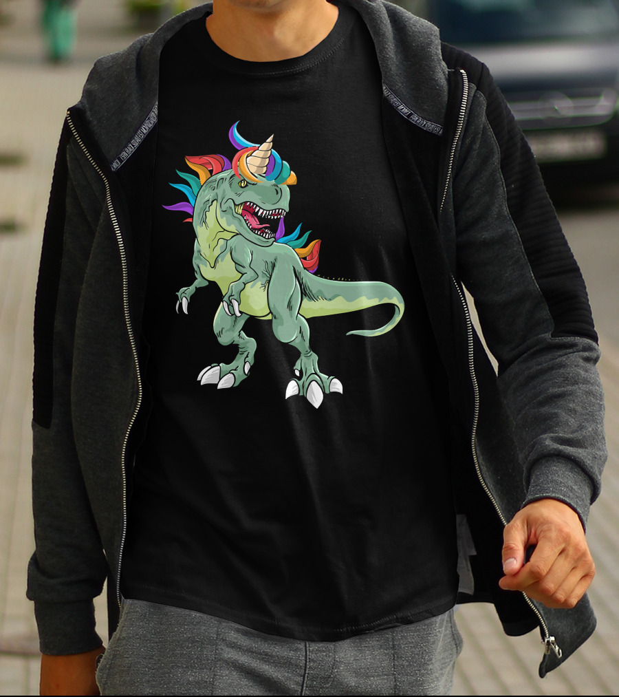 Unicorn Dinosaur Rex With Rainbow Mane And Horn T-Shirt