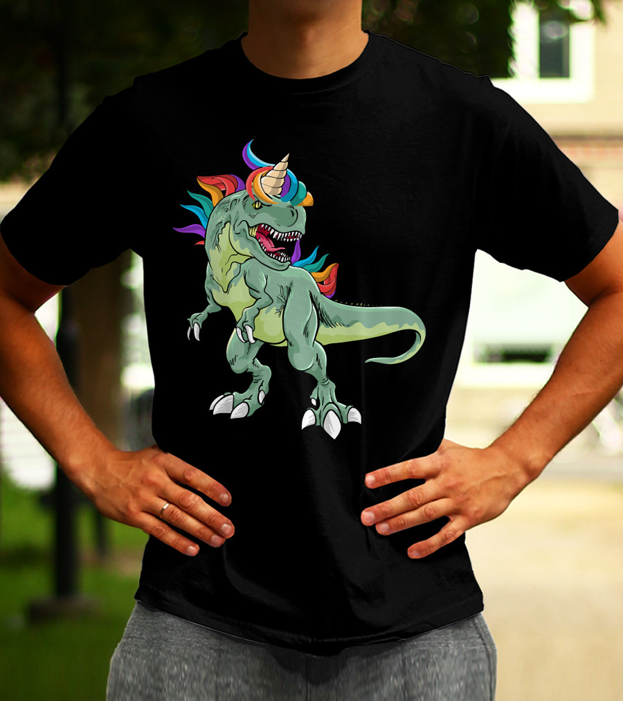 Unicorn Dinosaur Rex With Rainbow Mane And Horn T-Shirt