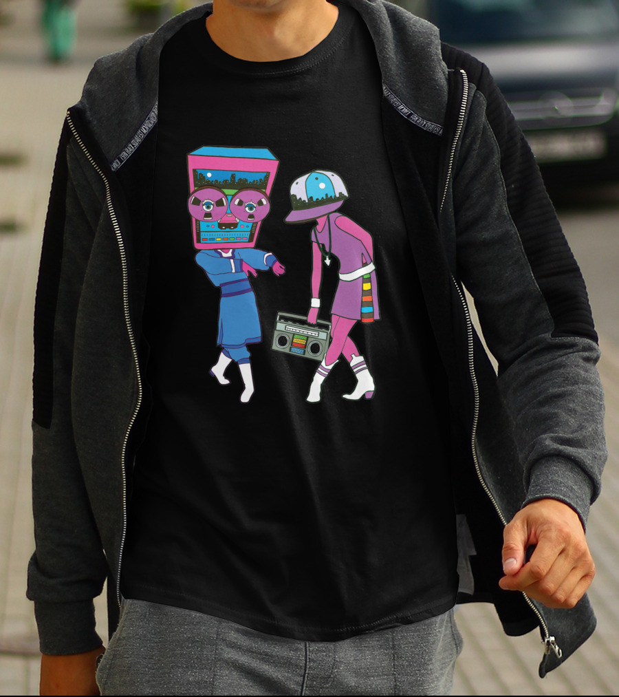 Around The Track 347 Retro Arcade Style Dancing Figures And Boombox T-Shirt
