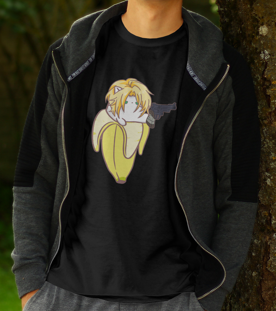 Bananya Fish 990217 Cat In Banana Costume With Toy Gun Anime T-Shirt
