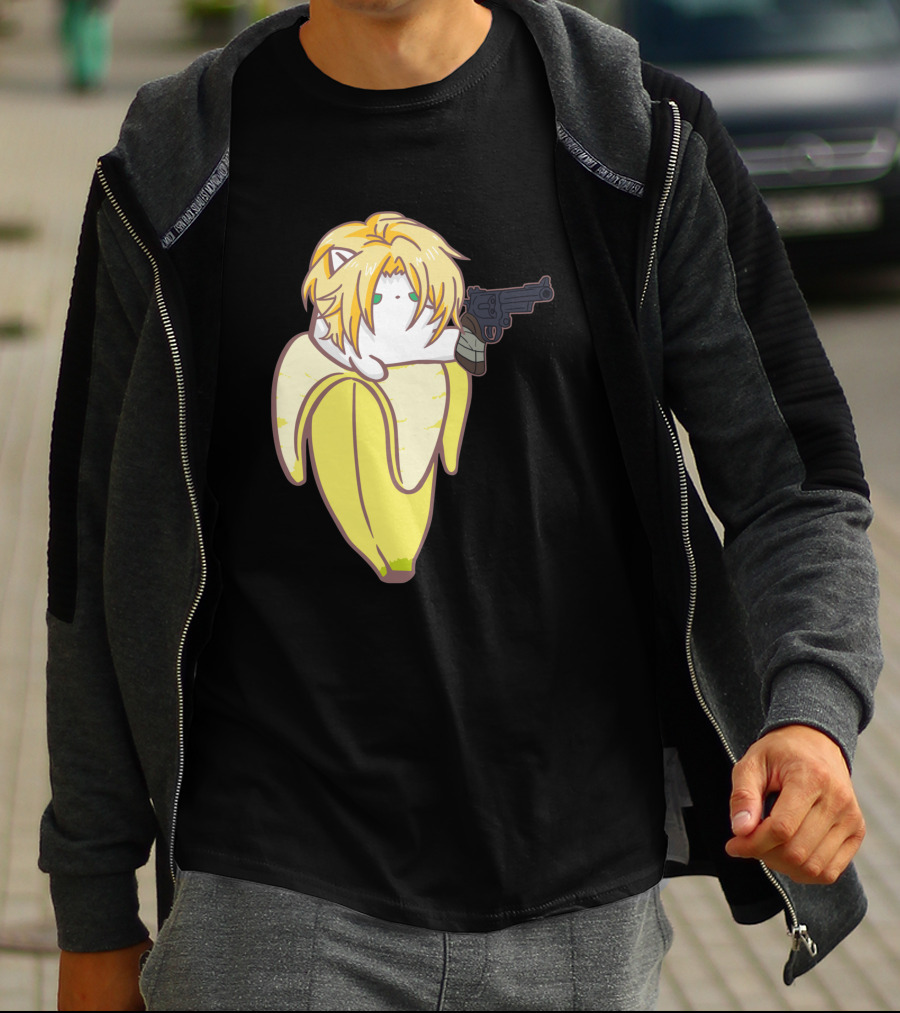 Bananya Fish 990217 Cat In Banana Costume With Toy Gun Anime T-Shirt