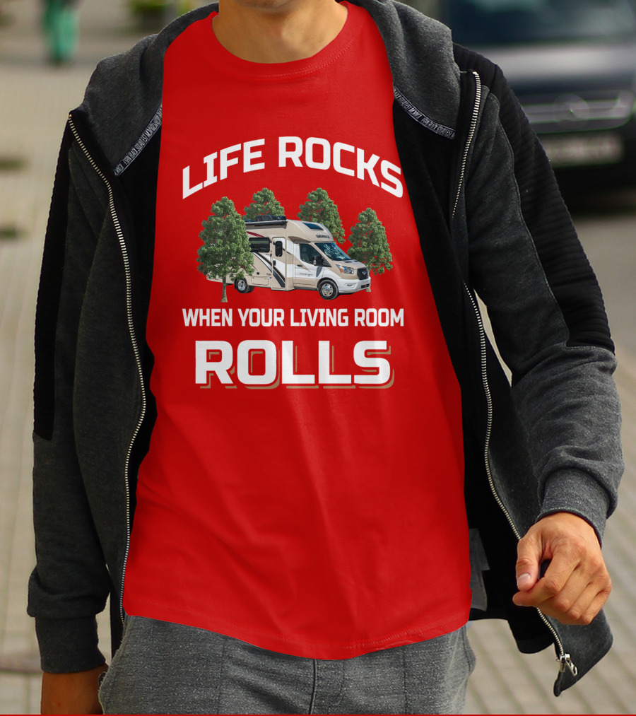 LIFE ROCKS WHEN YOUR LIVING ROOM ROLLS Gemini RV Camper Adventure T-Shirt