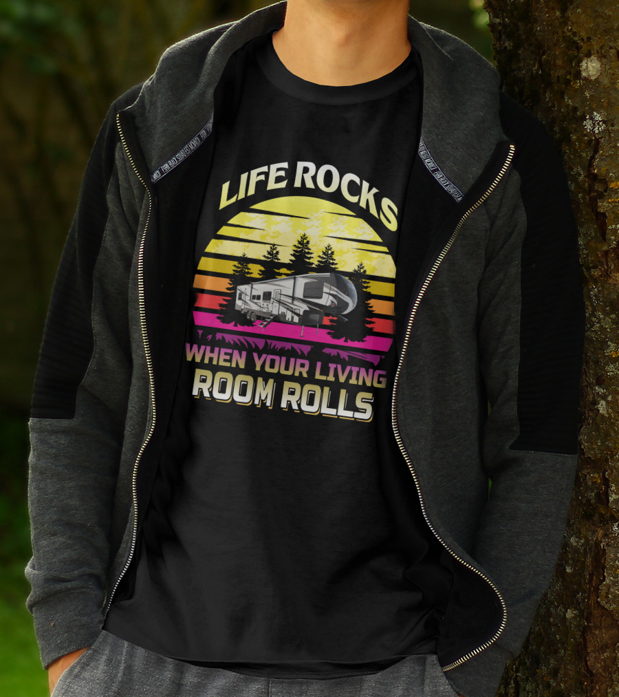 LIFE ROCKS WHEN YOUR LIVING ROOM ROLLS Heartland Torque 3 Sunset Camper Forest T-Shirt
