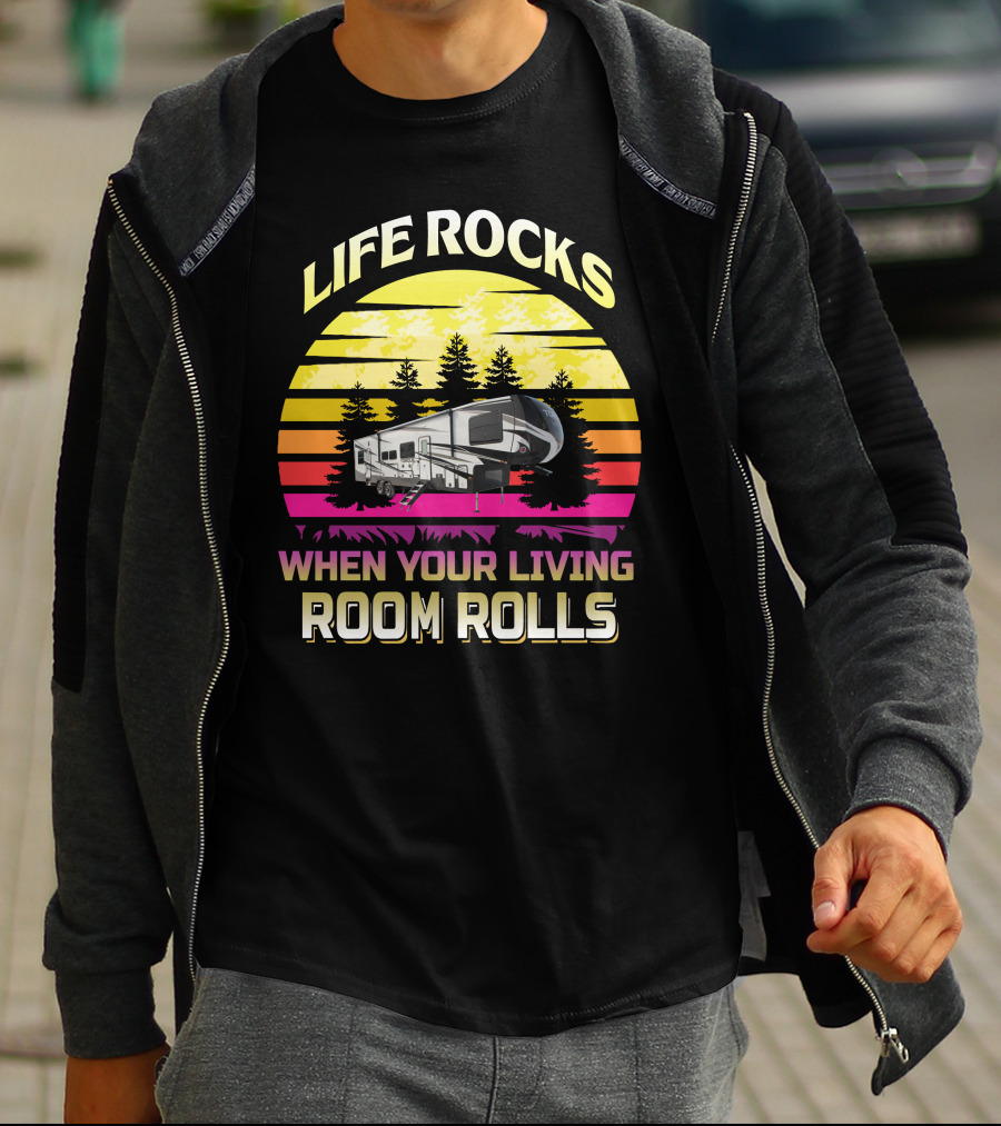 LIFE ROCKS WHEN YOUR LIVING ROOM ROLLS Heartland Torque 3 Sunset Camper Forest T-Shirt