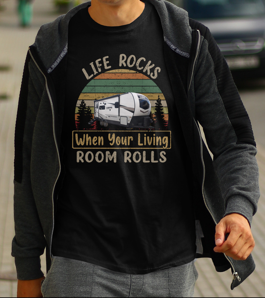 Life Rocks When Your Living Room Rolls Mini-Lite 2205s Camper Retro Stripes Pine Trees T-Shirt