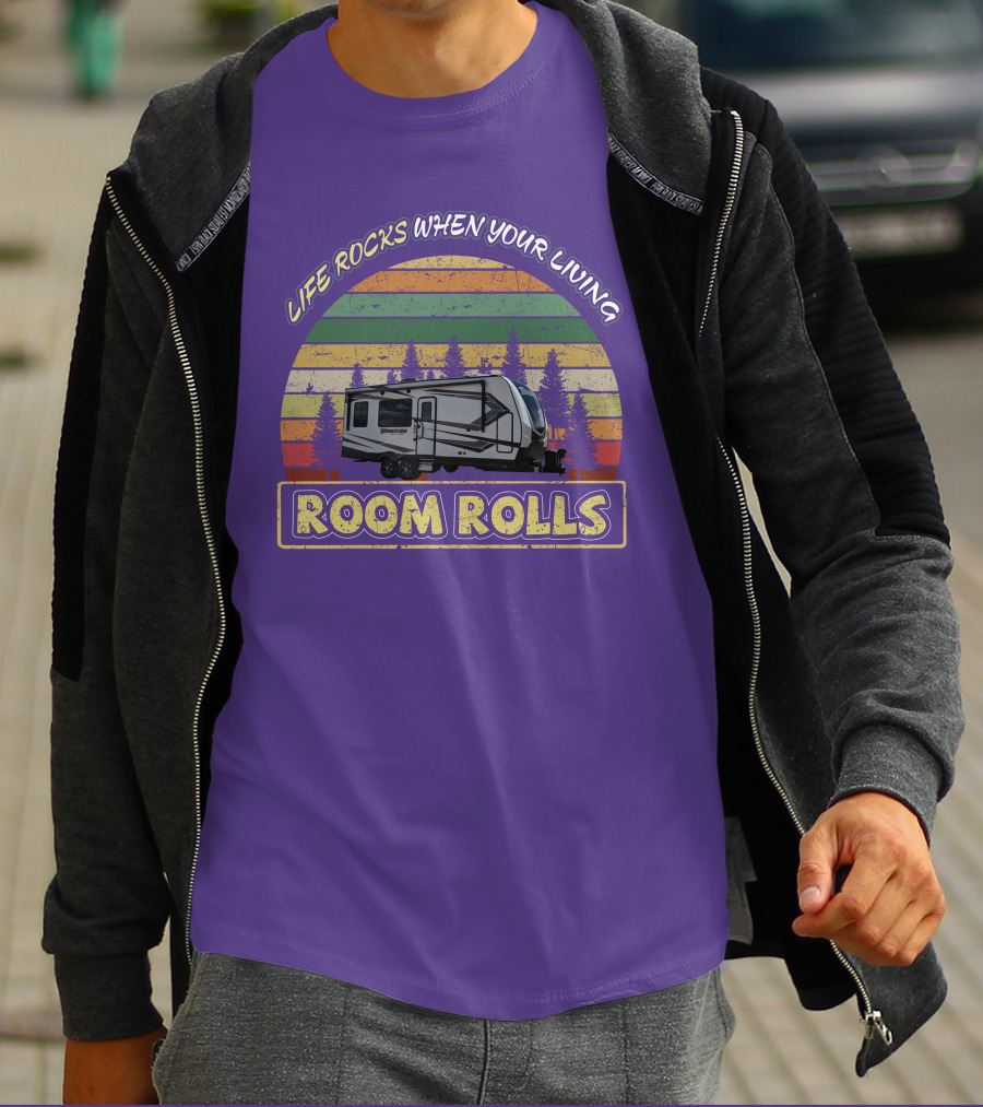 Life Rocks When Your Living Room Rolls Camper Vintage Sunset Forest T-Shirt