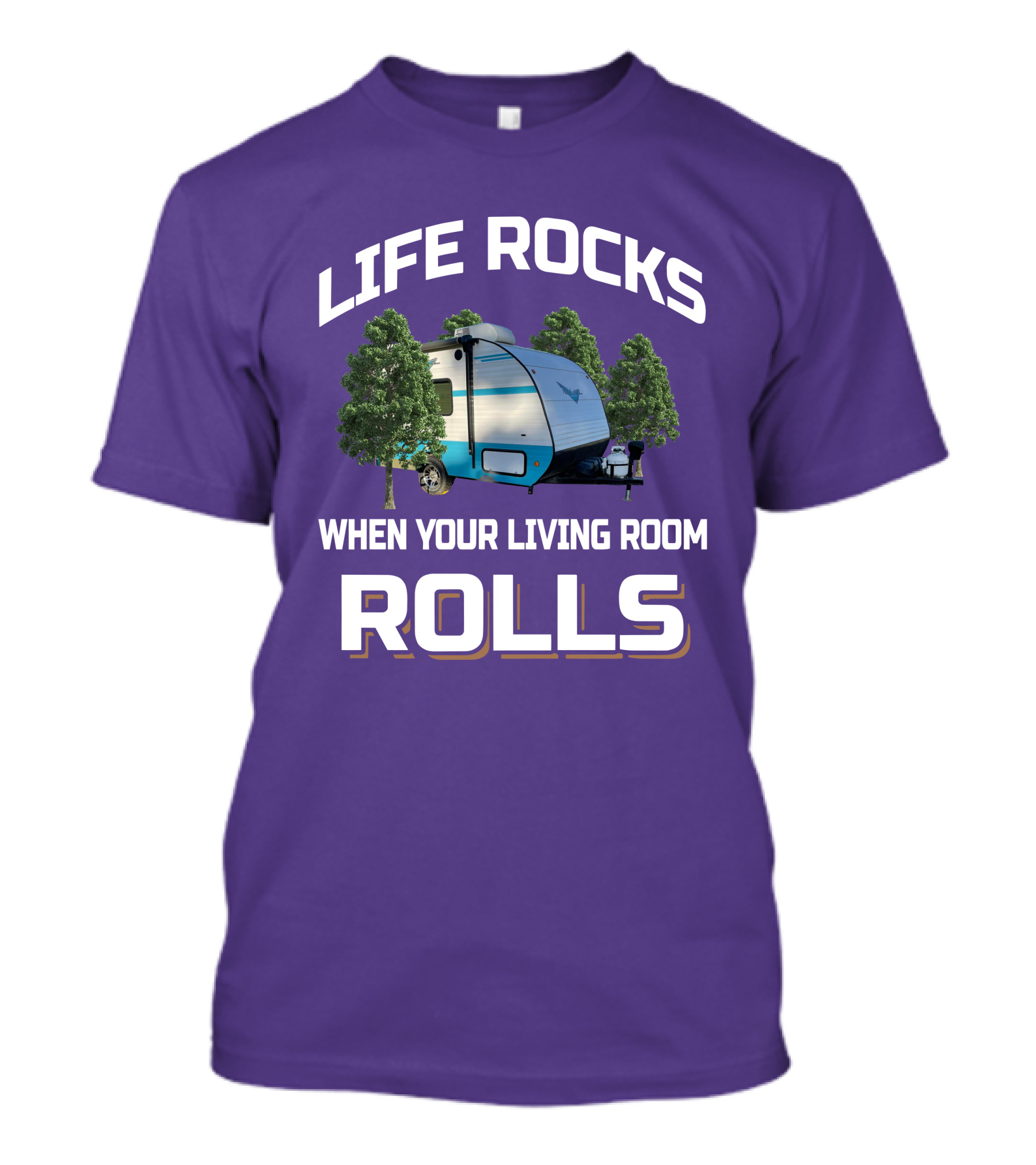 Life Rocks When Your Living Room Rolls Riverside Camper Scene T-Shirt