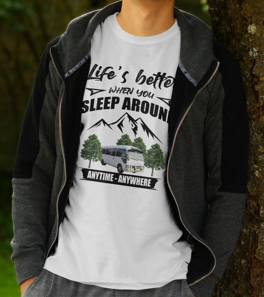 Life's Better When You Sleep Around Anytime Anywhere Toyota Bus Mountains Trees T-Shirt