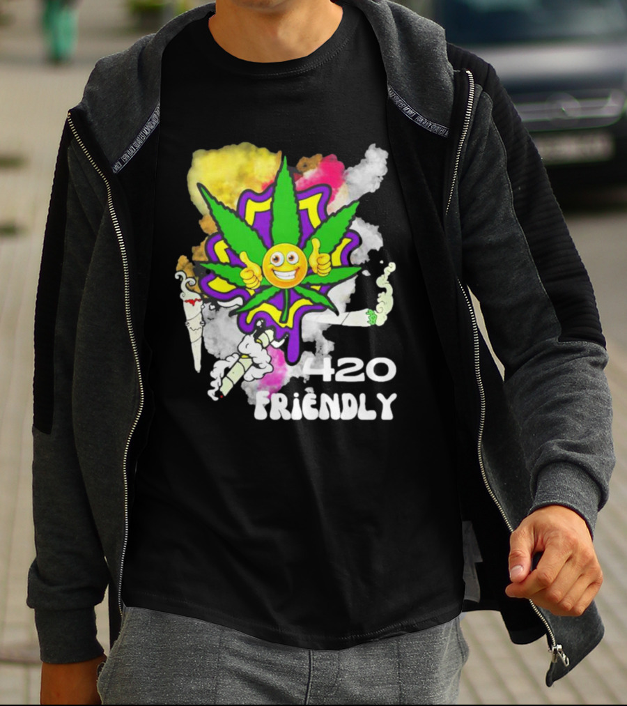 420 Friendly Happy Stoner Leaf With Smiley Face And Colorful Smoke T-Shirt