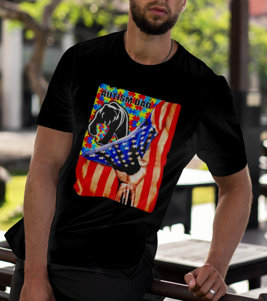 Autism Dad Bear USA Flag Puzzle Awareness T-Shirt