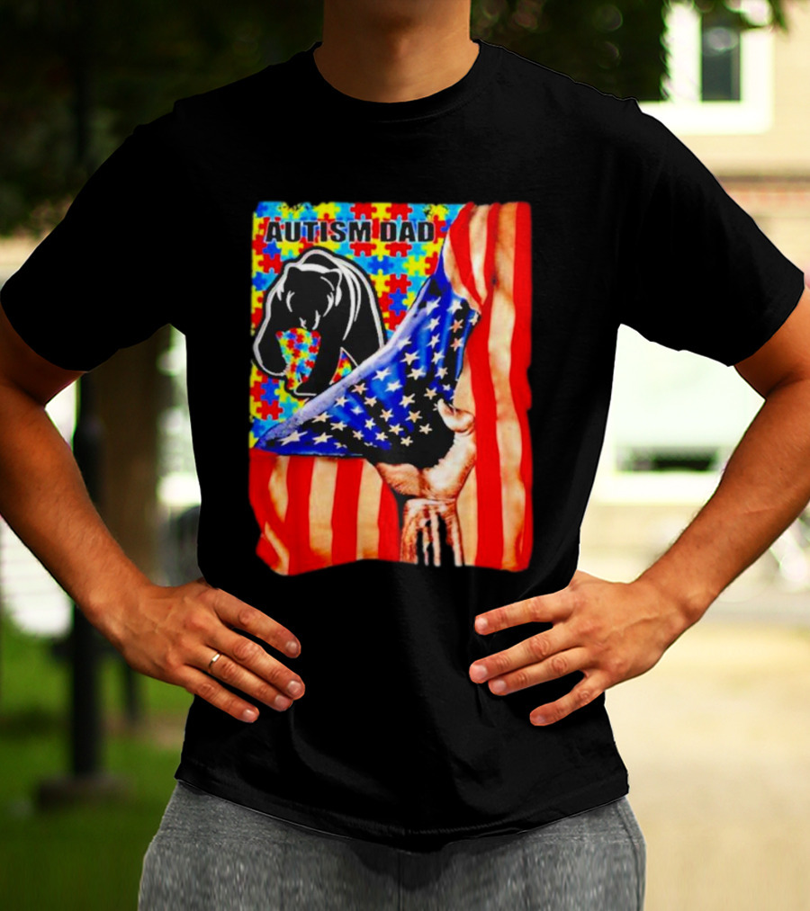 Autism Dad Bear USA Flag Puzzle Awareness T-Shirt