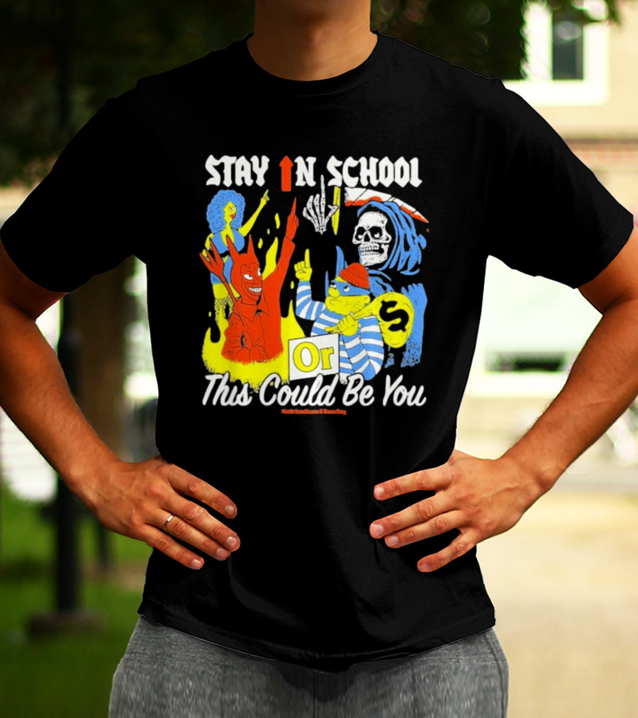 Stay In School Or This Could Be You Red Devil Skeleton Bart Simpson Style Mark Gonzales X Deaton Chris Anthony T-Shirt