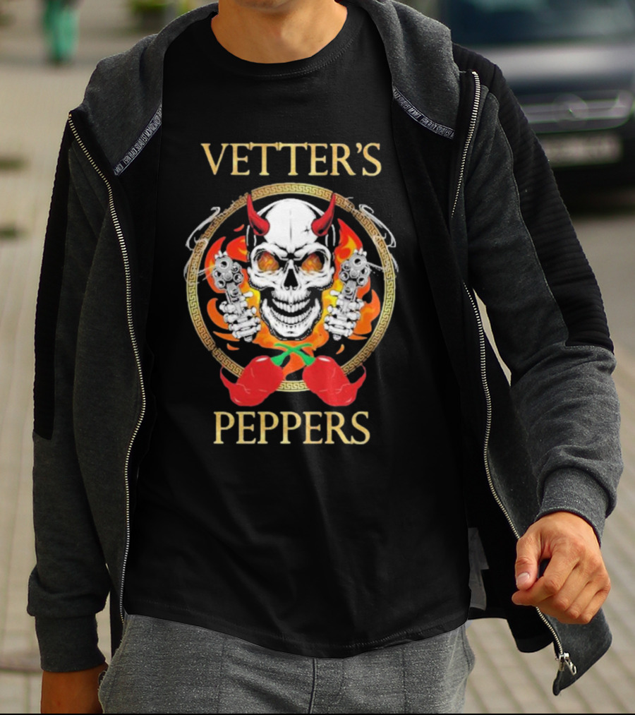 Vetter’s Peppers Skull With Red Horns And Dual Pistols Surrounded By Flames And Chili Peppers T-Shirt