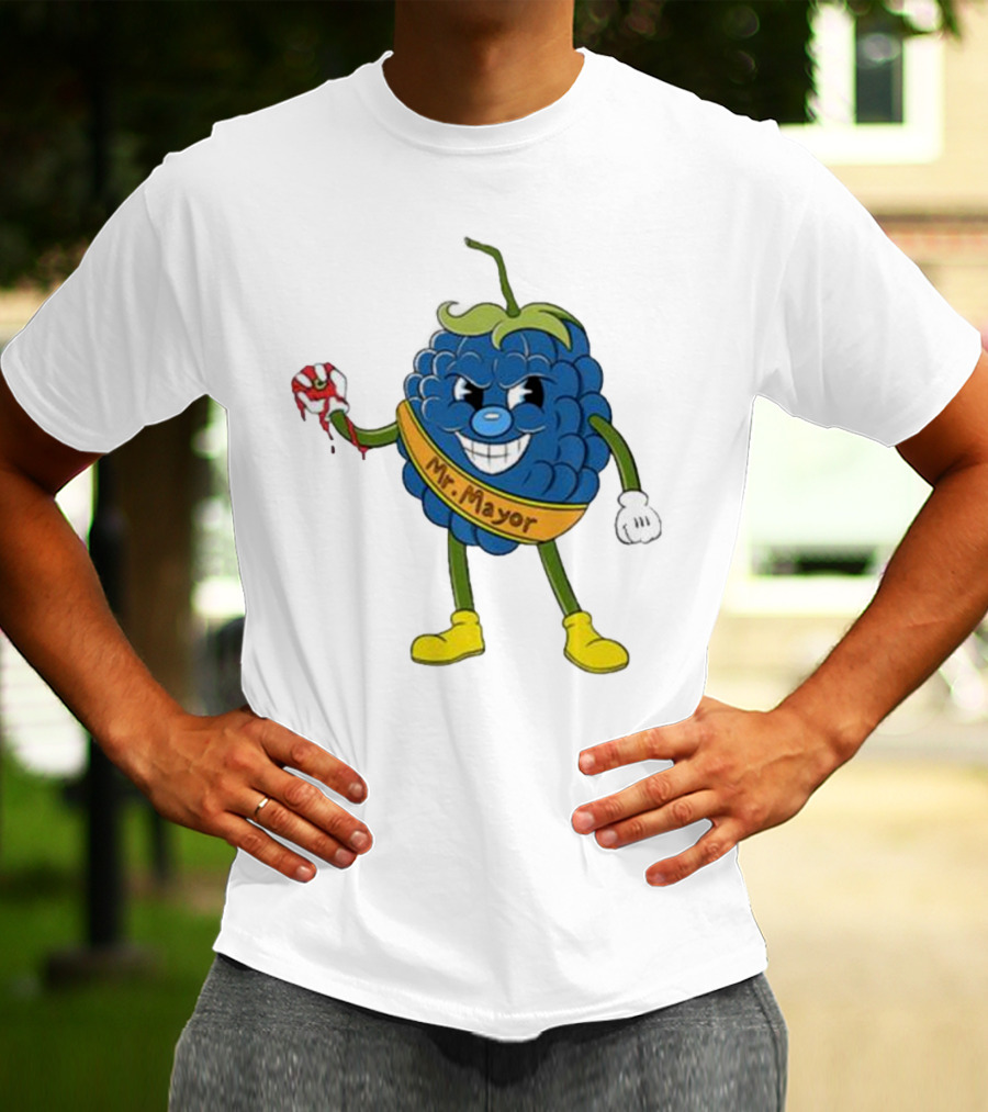 Blueberry Mr Mayor Holding Bleeding Hand Cartoon Character T-Shirt