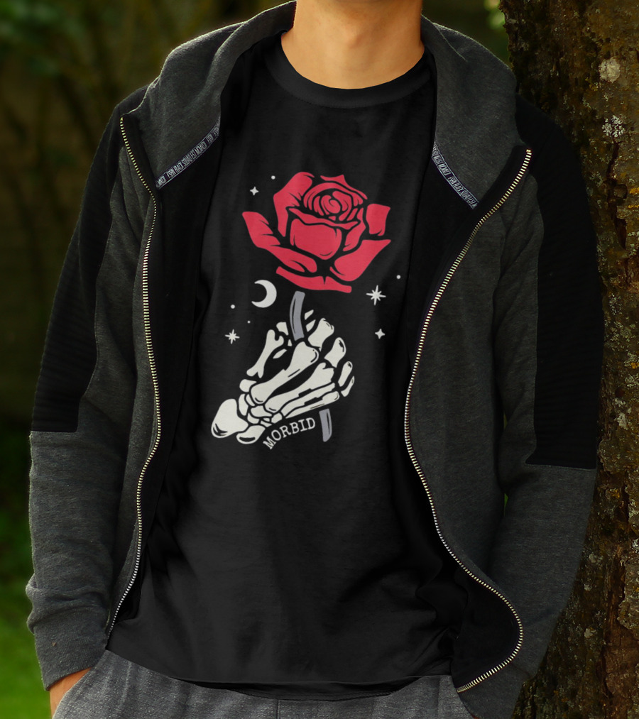 Morbid Skeleton Rose With Crescent Moon And Stars T-Shirt
