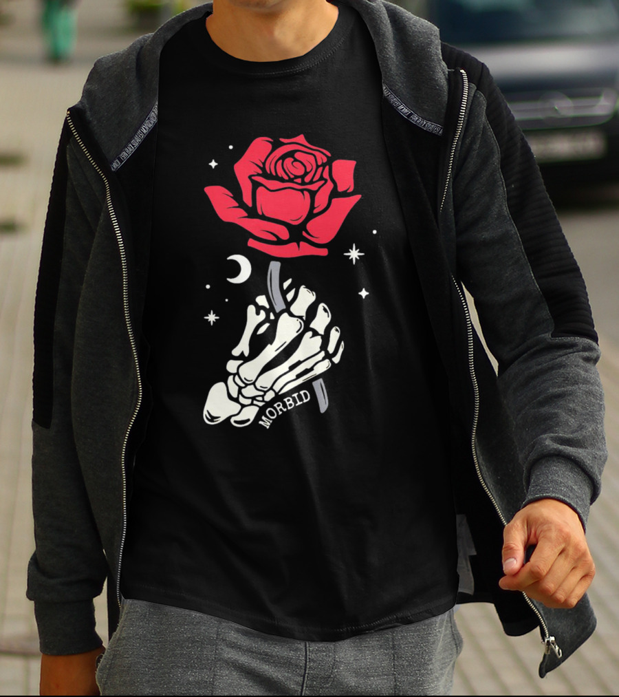 Morbid Skeleton Rose With Crescent Moon And Stars T-Shirt