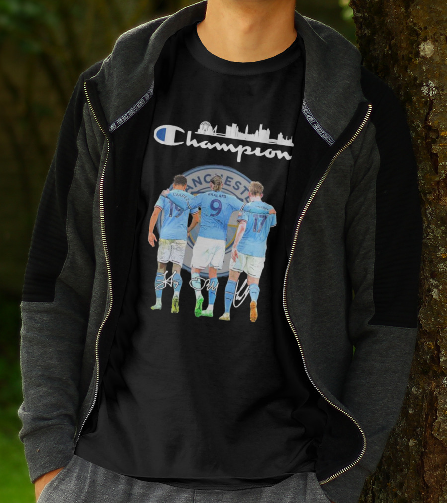 Manchester Haaland De Bruyne Alvarez Champion Football City Skyline T-Shirt
