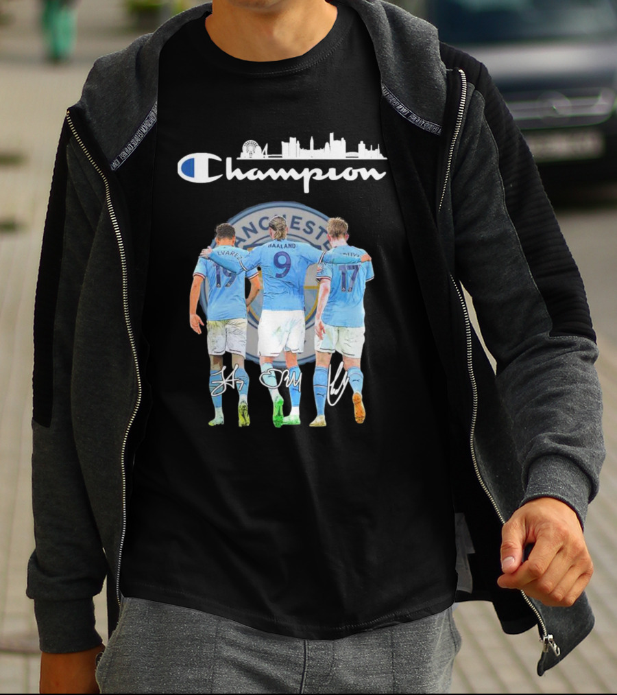 Manchester Haaland De Bruyne Alvarez Champion Football City Skyline T-Shirt