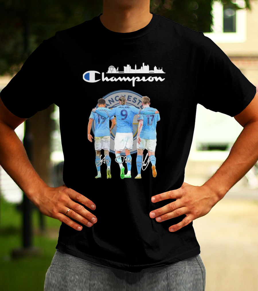 Manchester Haaland De Bruyne Alvarez Champion Football City Skyline T-Shirt