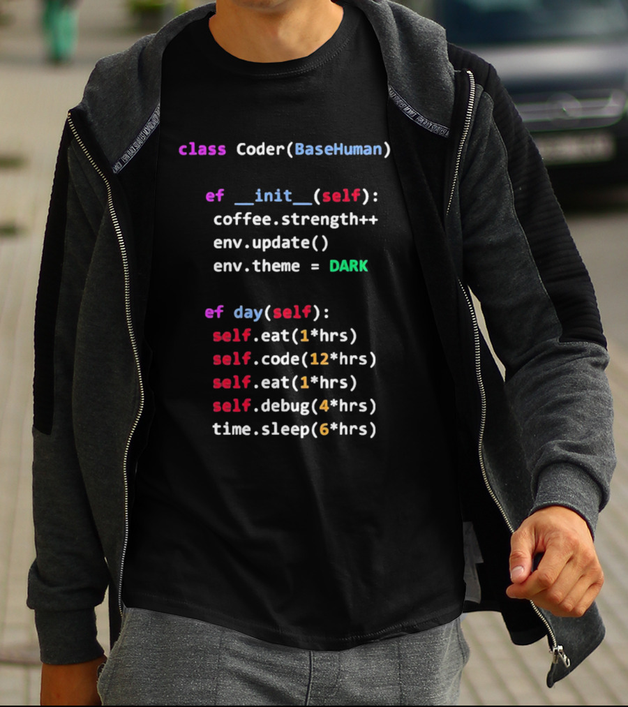 Programmerhumor Class Coder BaseHuman Init Self Coffee Strength Day Eat Code Debug Sleep Theme Dark T-Shirt