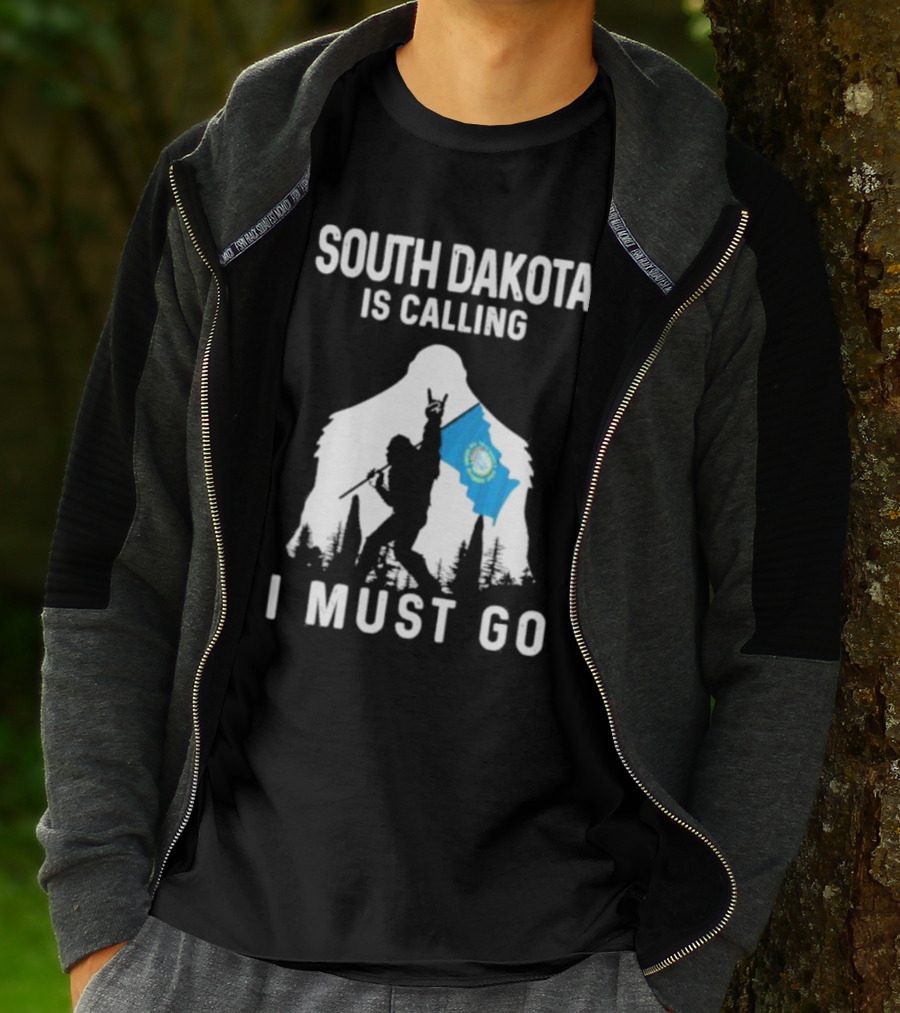 South Dakota Is Calling I Must Go Bigfoot Holding South Dakota Flag T-Shirt
