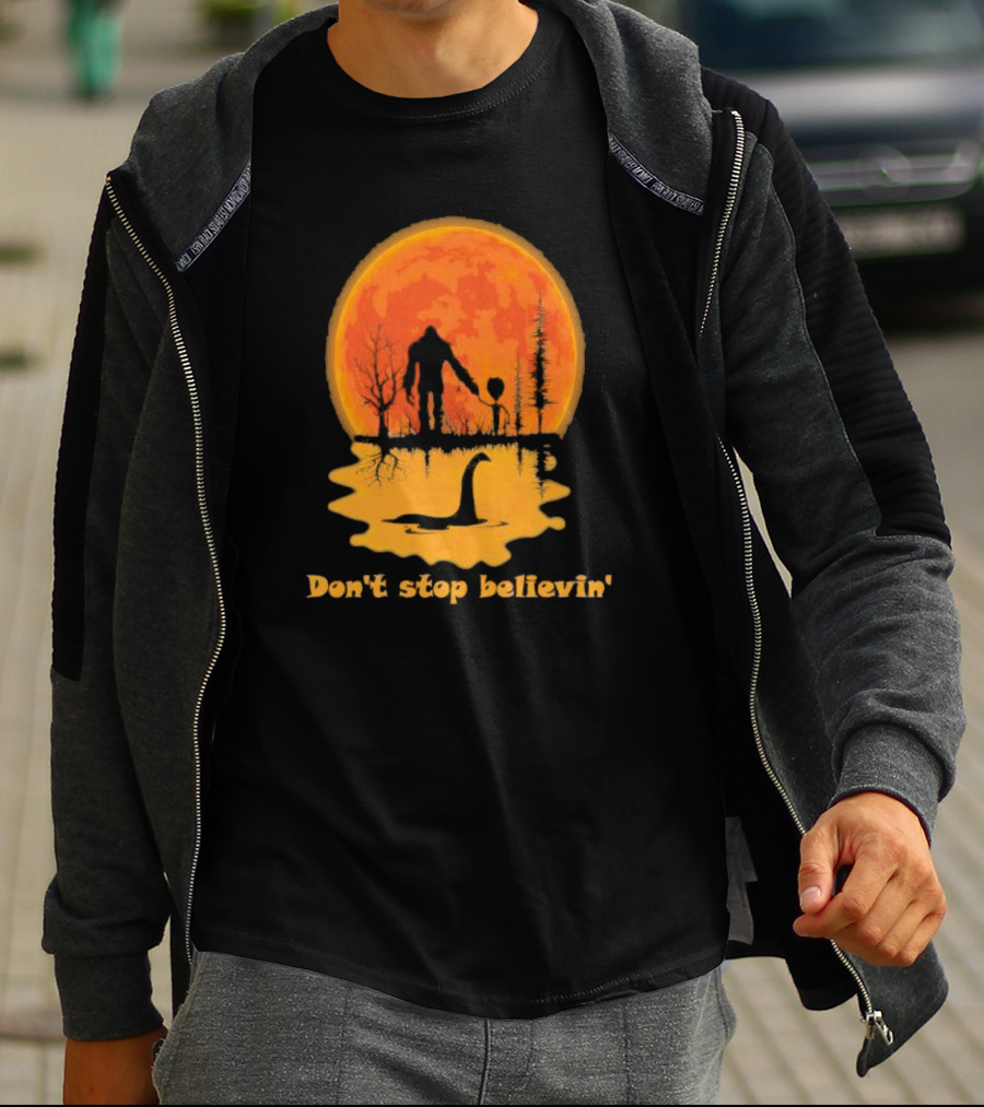 Don't Stop Believin' Bigfoot Alien Loch Ness Monster Sunset Scene T-Shirt