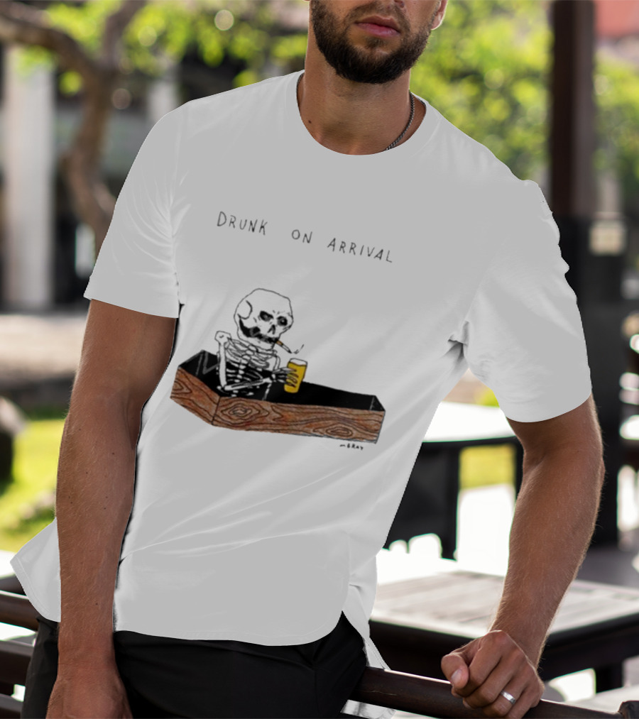 Matt Gray Drunk On Arrival Skeleton In Coffin Holding Drink T-Shirt