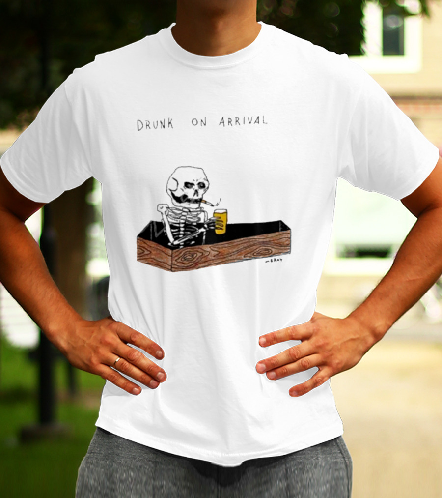Matt Gray Drunk On Arrival Skeleton In Coffin Holding Drink T-Shirt