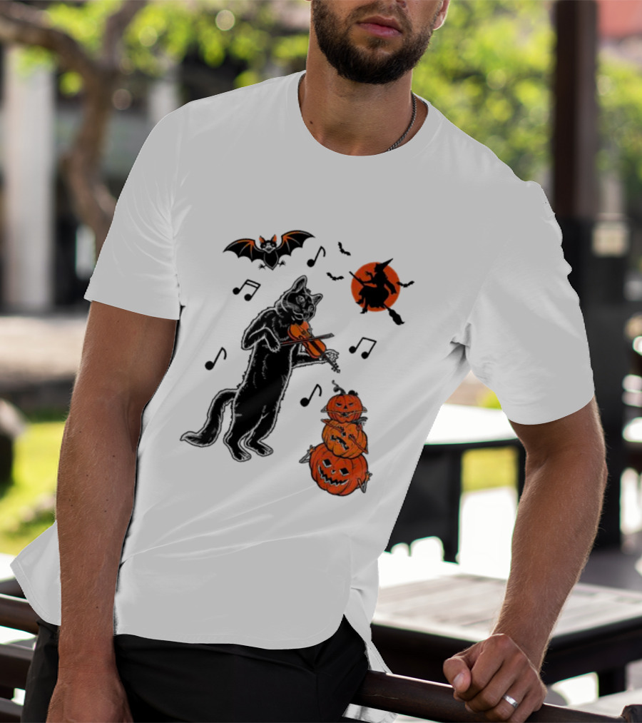 Black Cat Playing Violin With Witch, Devilish Bat, And Stacked Pumpkins Halloween T-Shirt