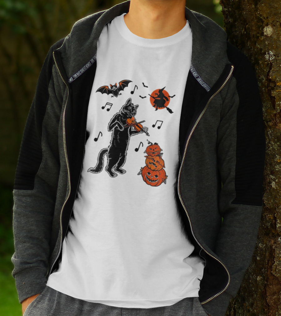 Black Cat Playing Violin With Witch, Devilish Bat, And Stacked Pumpkins Halloween T-Shirt