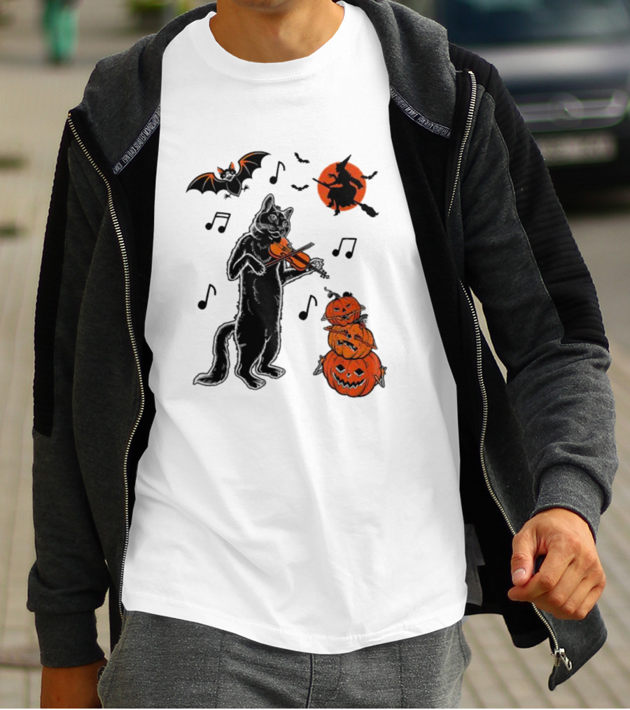 Black Cat Playing Violin With Witch, Devilish Bat, And Stacked Pumpkins Halloween T-Shirt