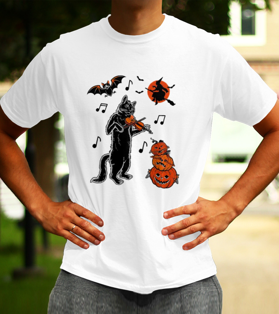 Black Cat Playing Violin With Witch, Devilish Bat, And Stacked Pumpkins Halloween T-Shirt