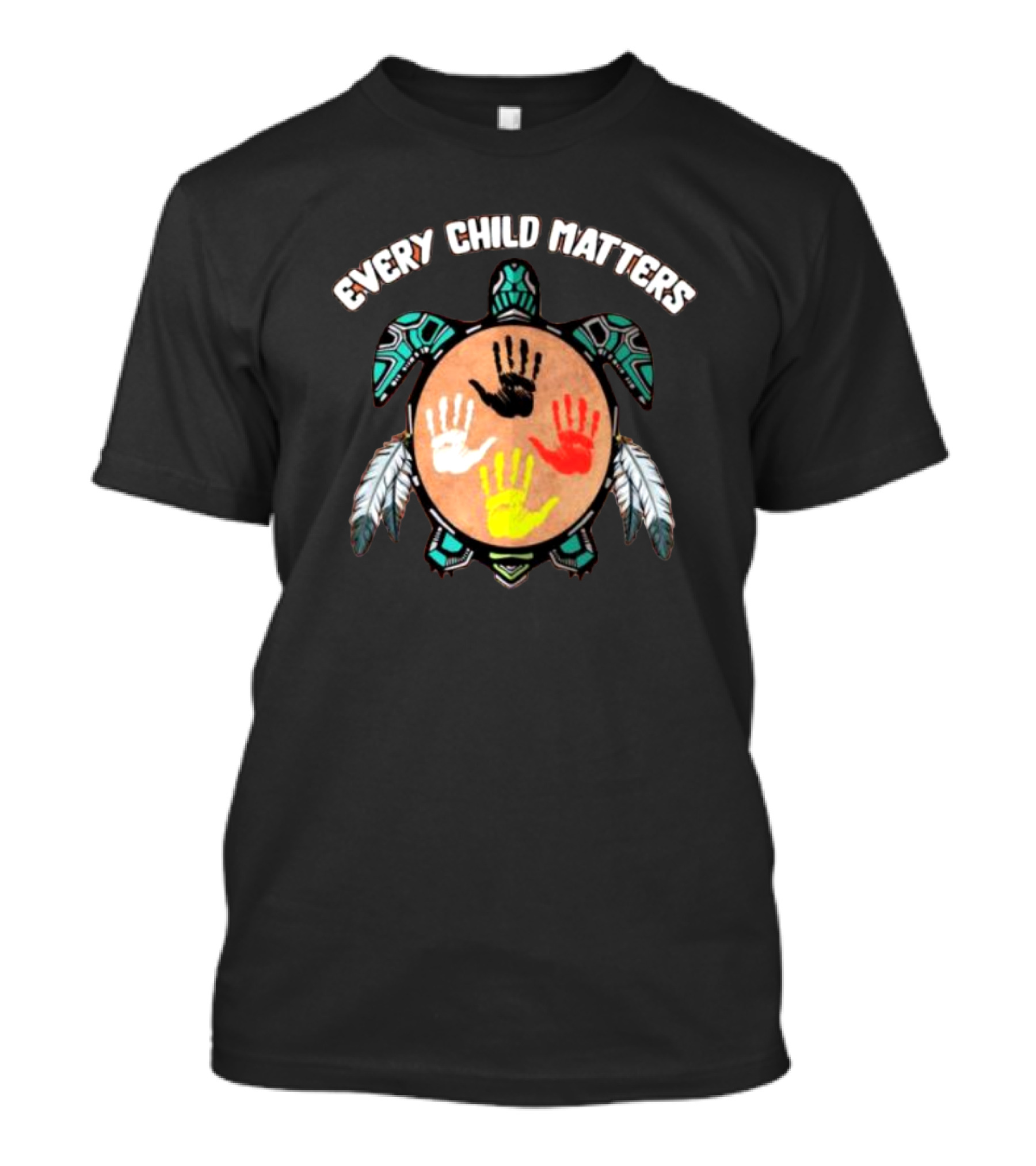 Every Child Matters Turtle With Handprints And Feathers T-Shirt