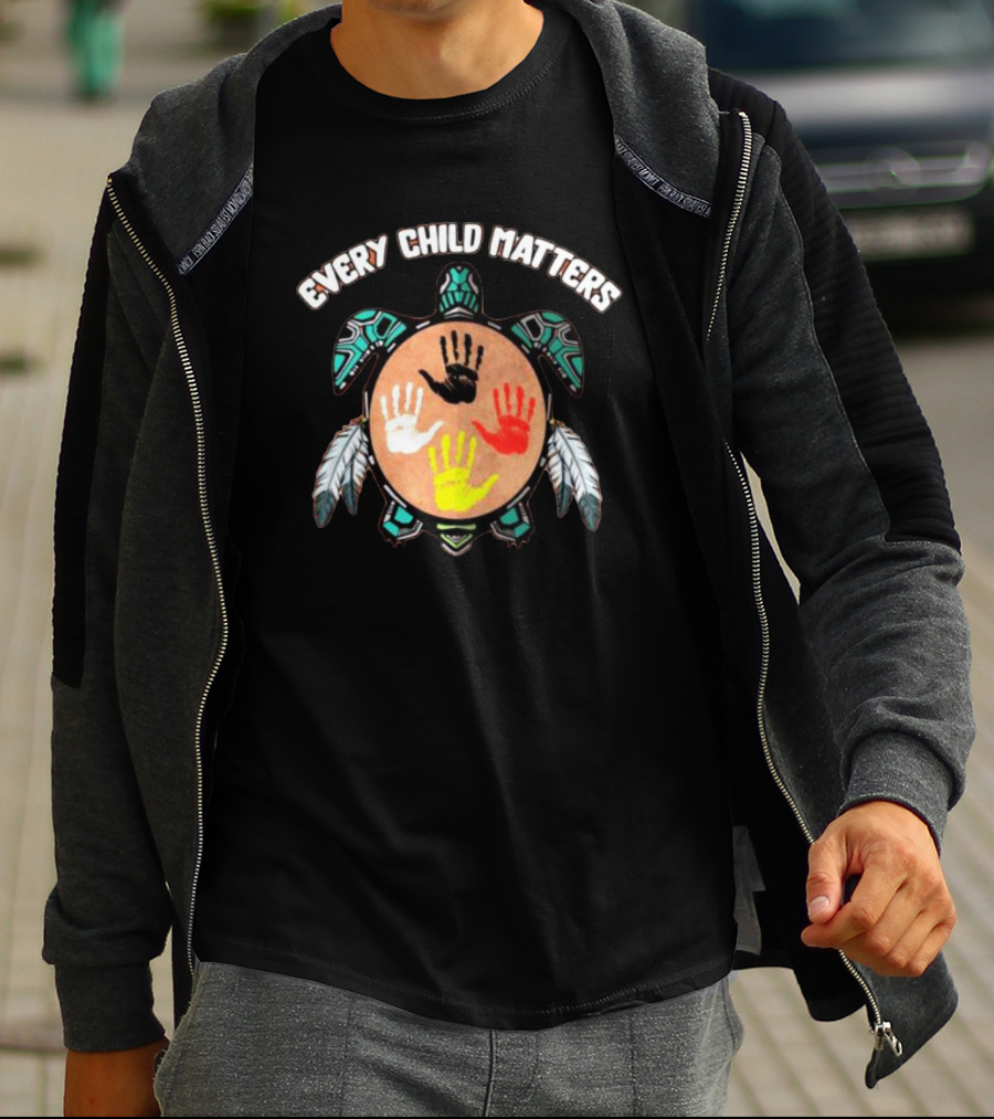 Every Child Matters Turtle With Handprints And Feathers T-Shirt
