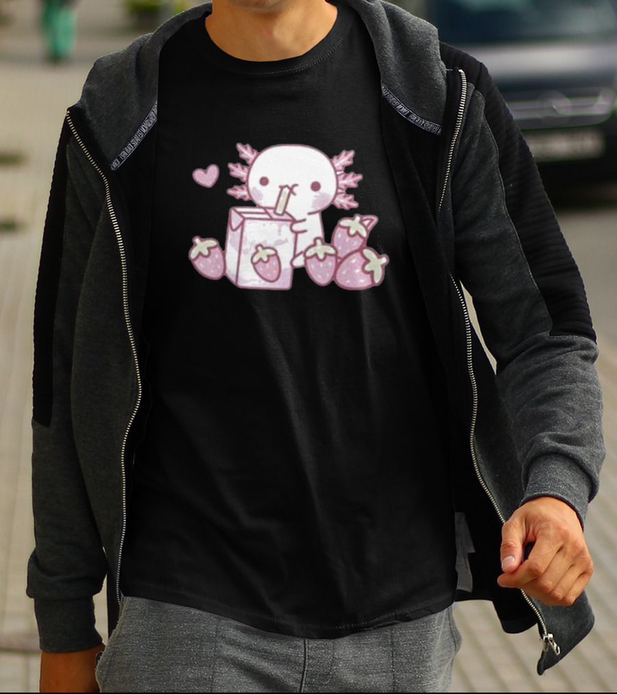 Strawberry Milk Axolotl With Strawberries And Heart T-Shirt