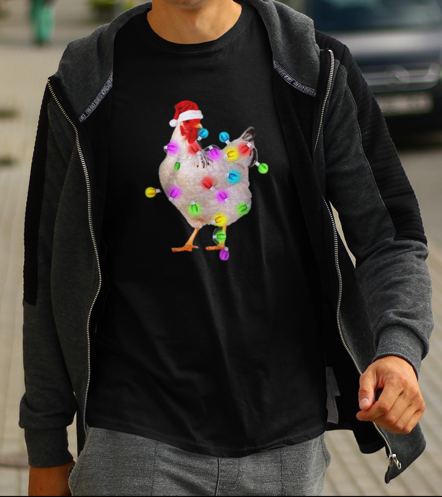 Chicken In Santa Hat With Colorful Christmas Lights T-Shirt