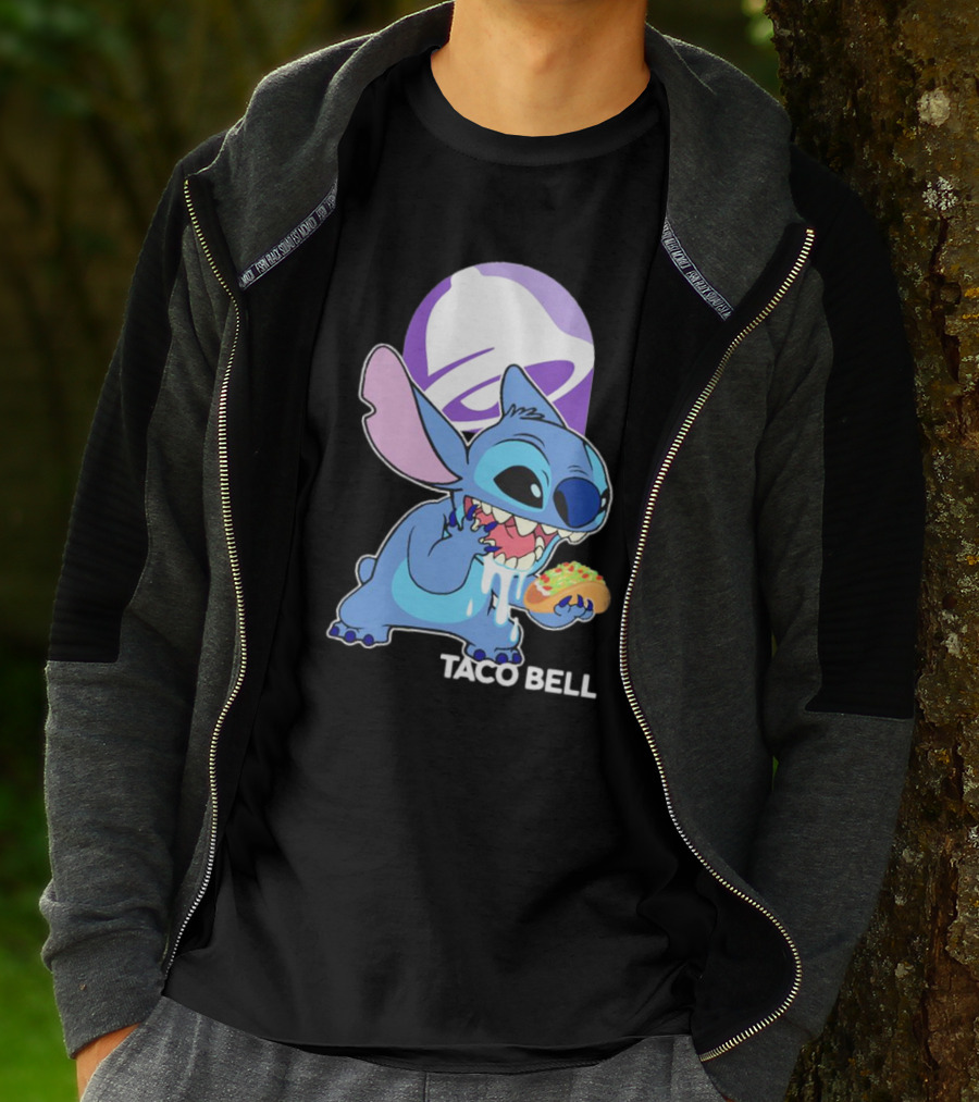 Stitch Eating Taco Bell Tacos With Logo Background T-Shirt
