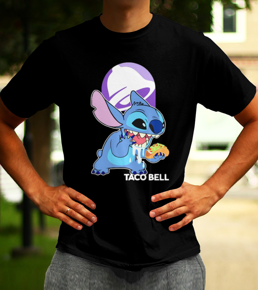 Stitch Eating Taco Bell Tacos With Logo Background T-Shirt