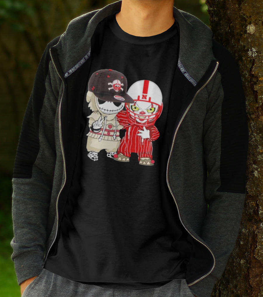 Baby Jack Skellington And Pennywise Nebraska Cornhuskers Halloween Characters T-Shirt