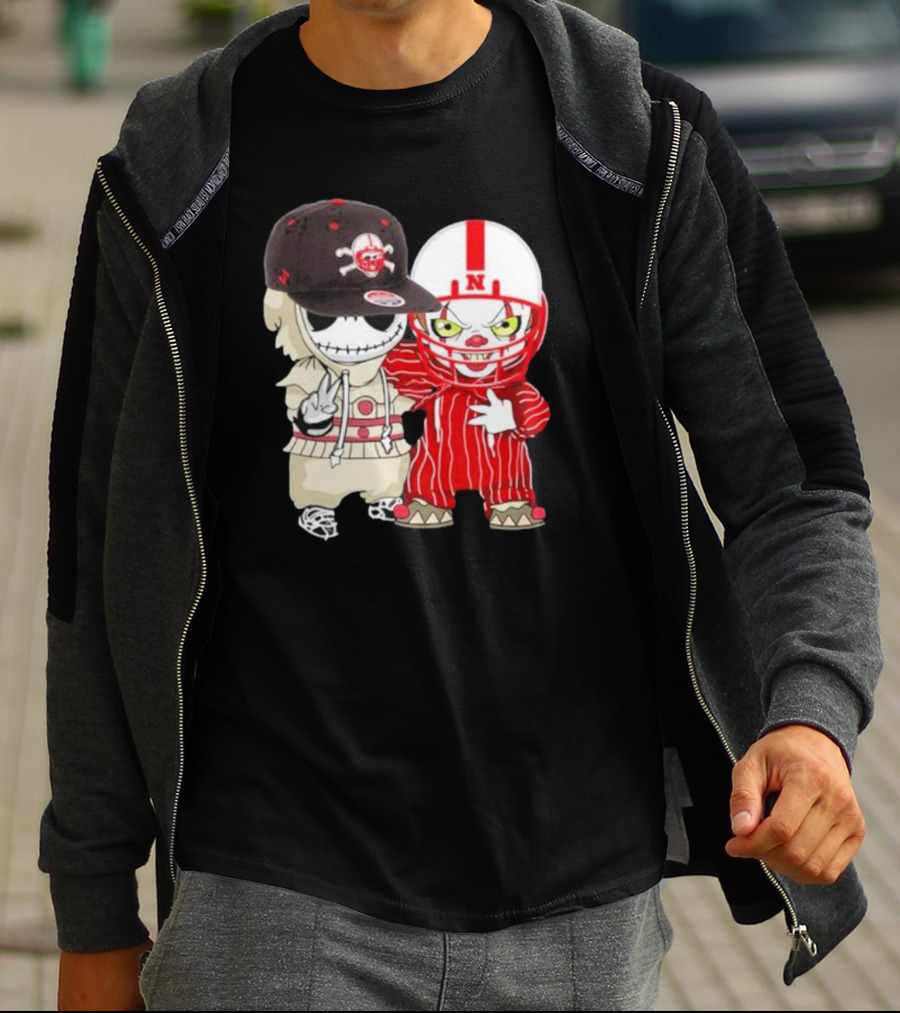 Baby Jack Skellington And Pennywise Nebraska Cornhuskers Halloween Characters T-Shirt
