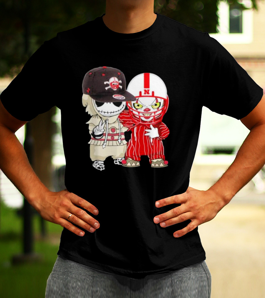 Baby Jack Skellington And Pennywise Nebraska Cornhuskers Halloween Characters T-Shirt