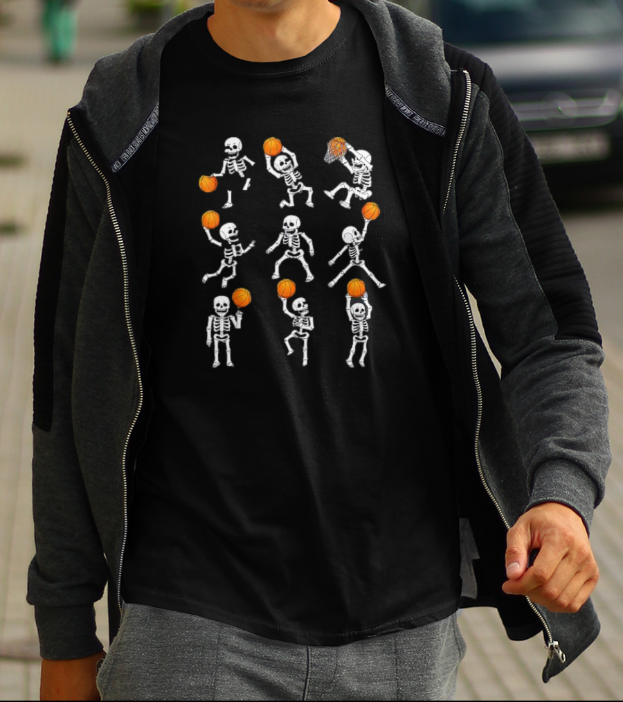 Halloween Skeletons Dunking Dribble Basketball Players T-Shirt