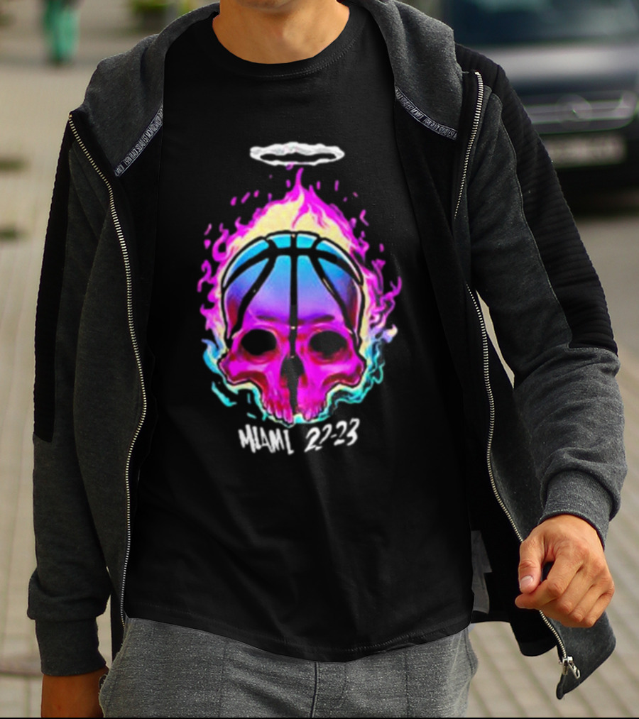Kiwiclo Miami 22-23 Flaming Skull Basketball Halo T-Shirt