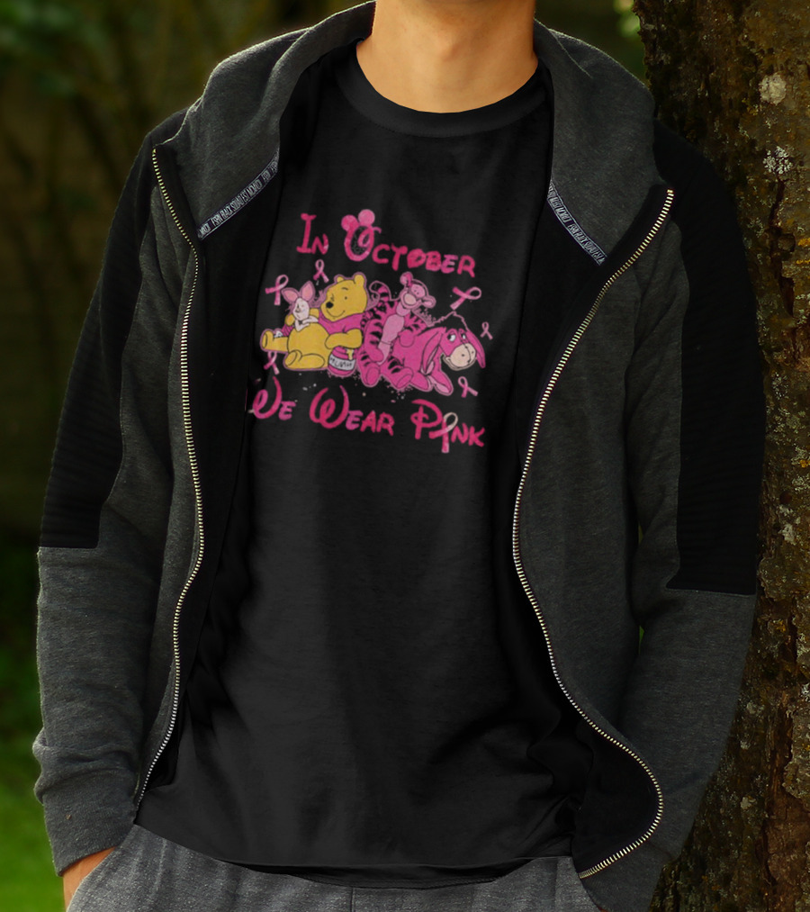 In October We Wear Pink Winnie The Pooh Eeyore Tigger Breast Cancer Awareness T-Shirt